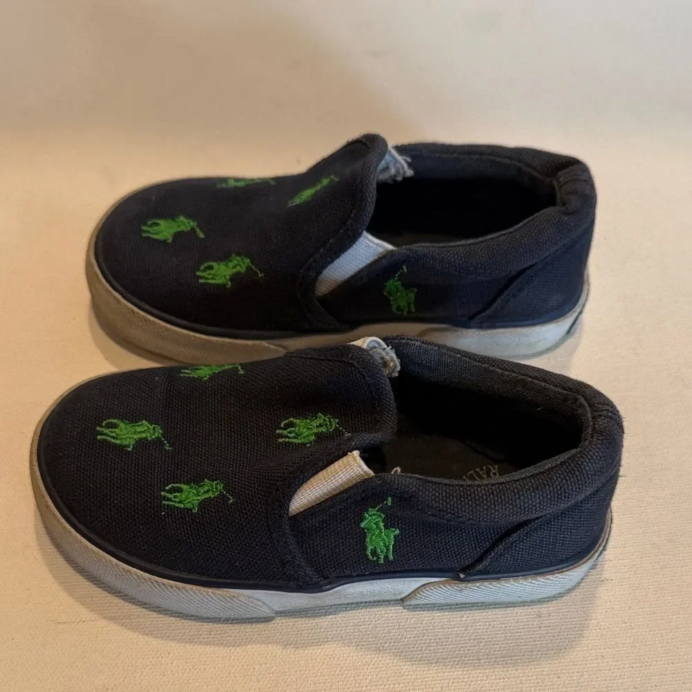 Polo by Ralph Lauren Navy Canvas Slip-On Sneakers with Green Pony Embroidery
